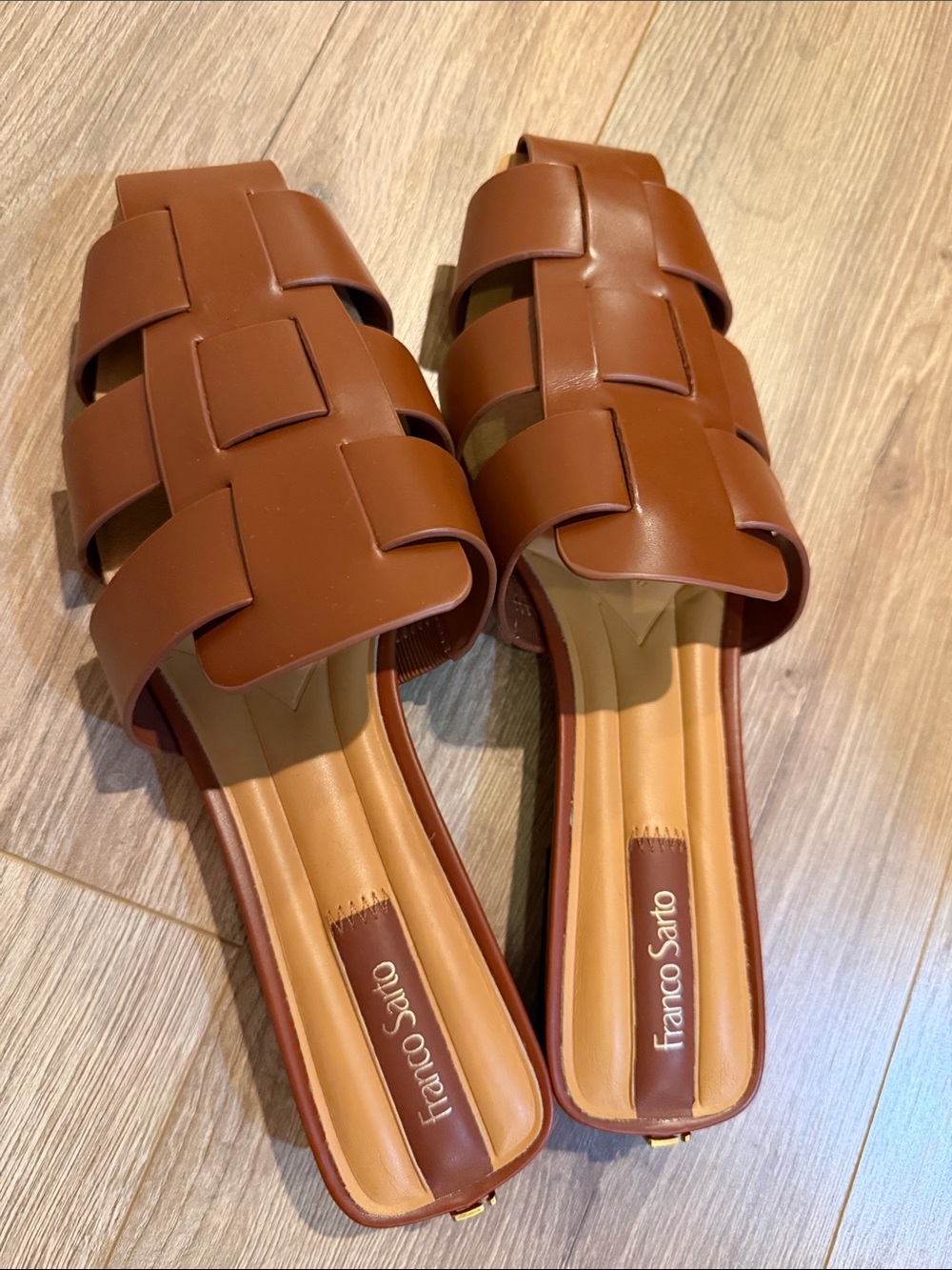 Franco Sarto Tan Brown Woven Leather Slide Mules